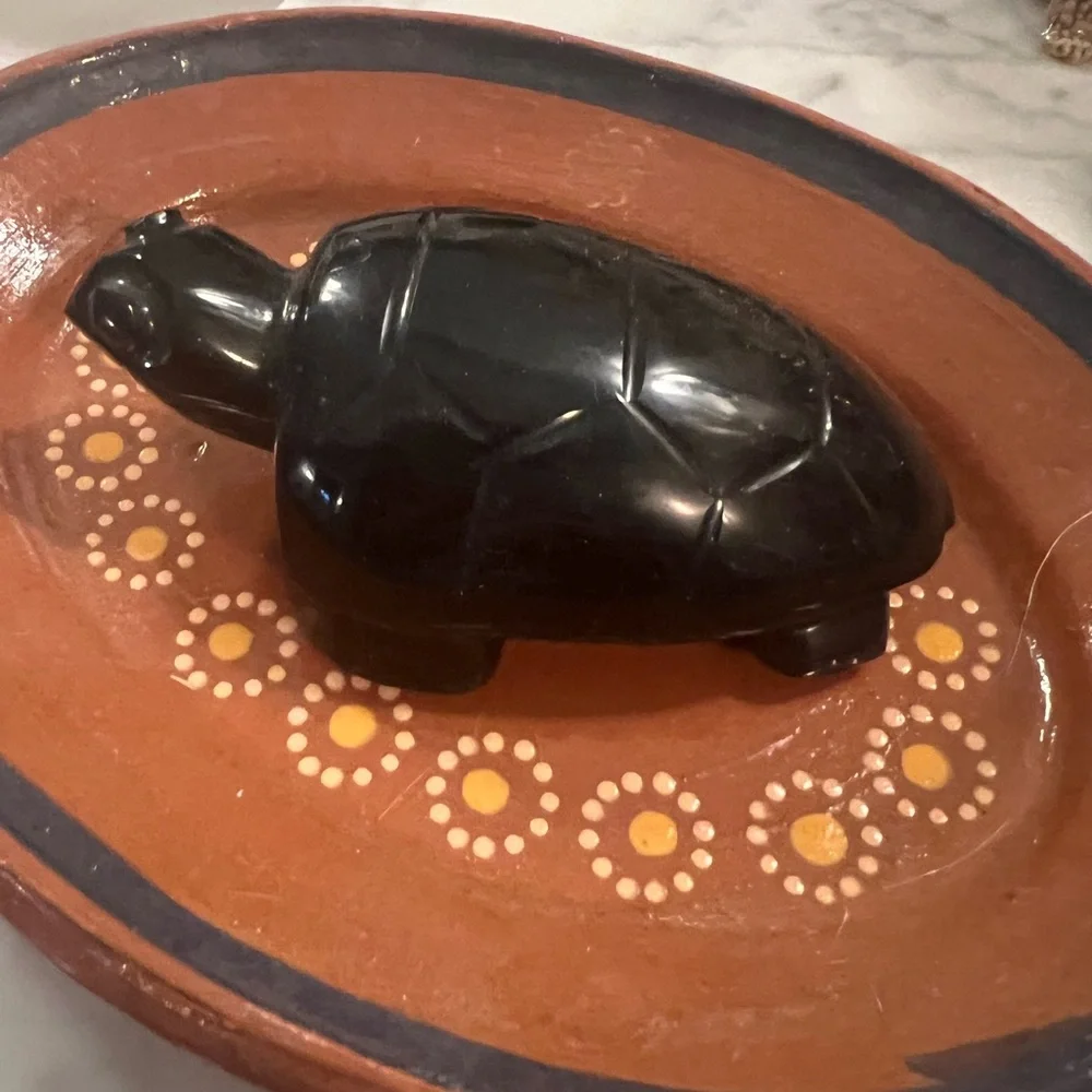 Natural Hand Carved Obsidian Black Turtle Figurine Minimalist Chic